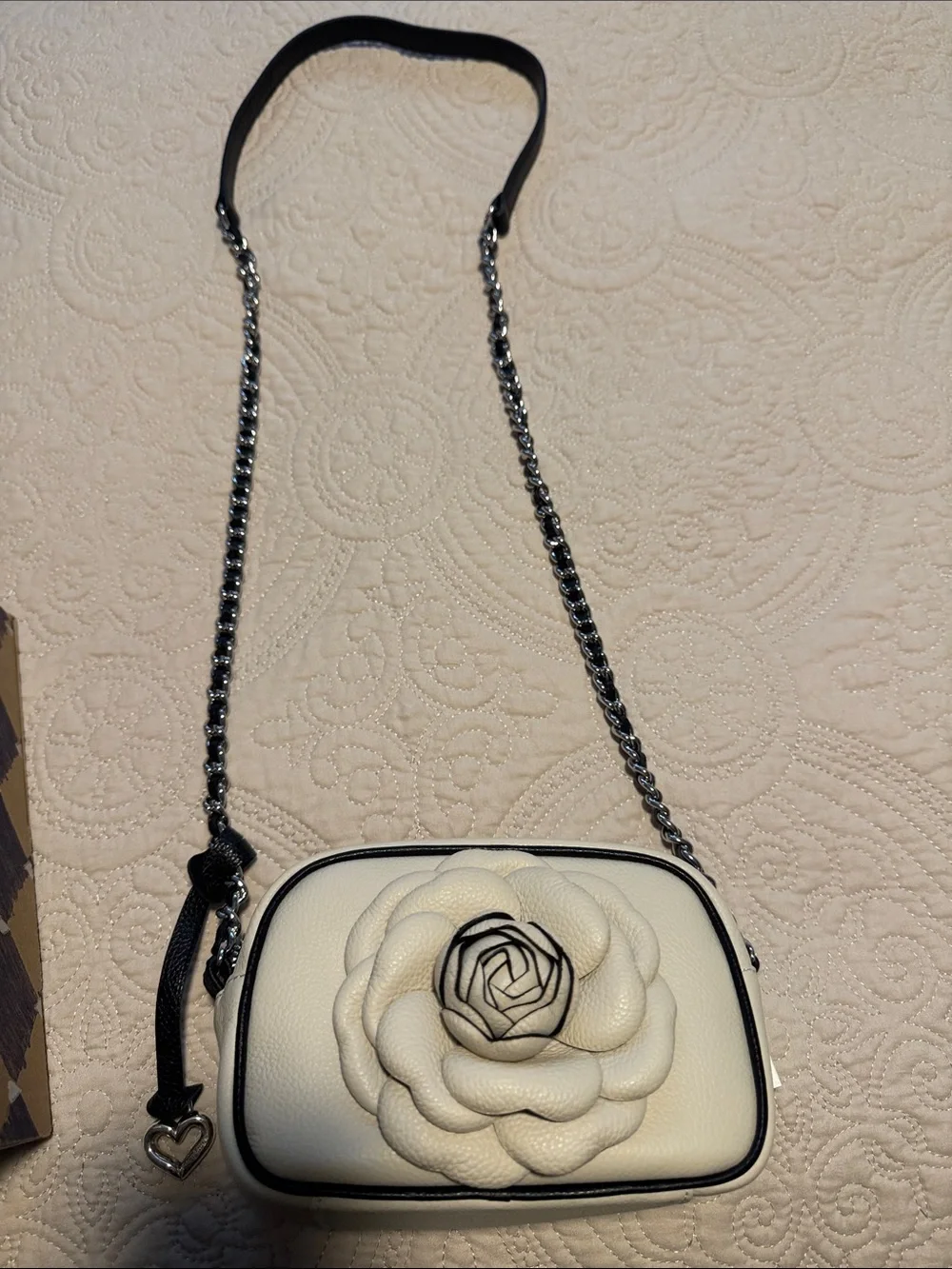 Brighton Cream Camellia Pebbled Leather Crossbody with Black Trim
